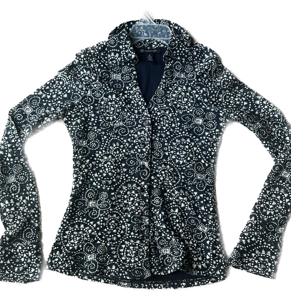 Navy blue and white lace womens fitted dress blouse. Great for the holidays!
